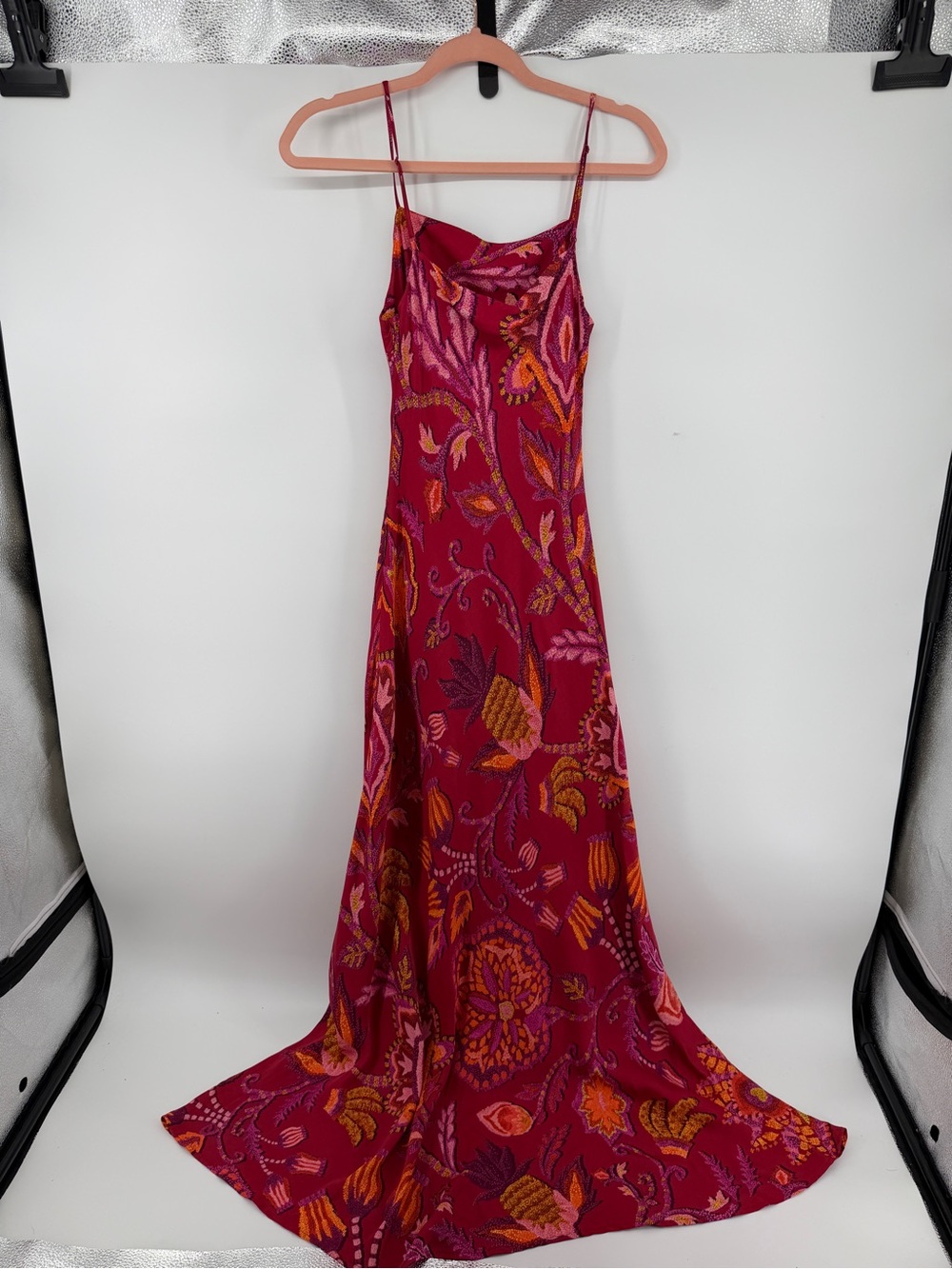 FARM Rio ResortWear Boho Wedding Guest TropicalSunset Floral SatinMaxi Dress SzS - Picture 6 of 11